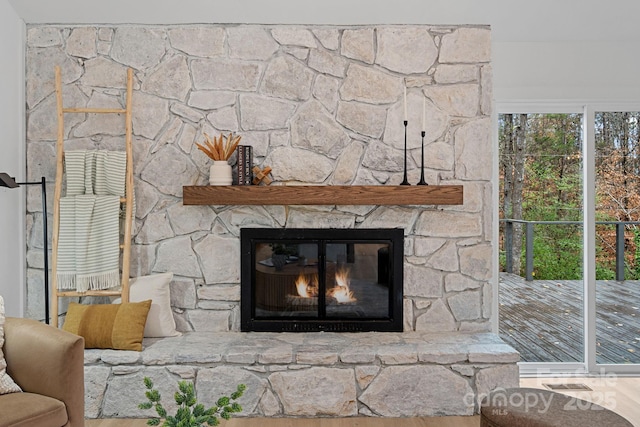 room details with a stone fireplace