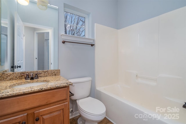 full bath with shower / bathing tub combination, vanity, and toilet