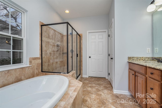 bathroom with a garden tub, tile patterned flooring, vanity, a shower stall, and recessed lighting