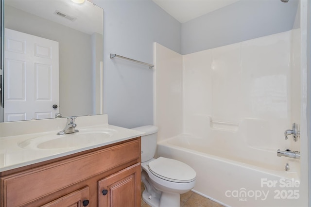 full bathroom featuring shower / bath combination, visible vents, toilet, and vanity