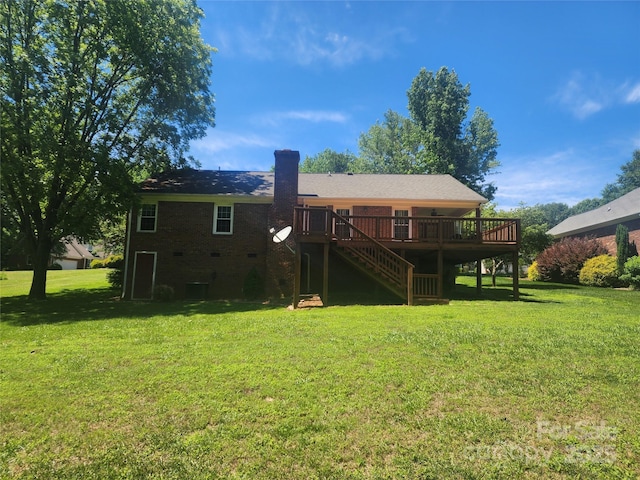 2015 Pine Needle Ct, Gastonia, NC 28056 - rear view of house featuring stairway, a deck, a chimney, and a lawn