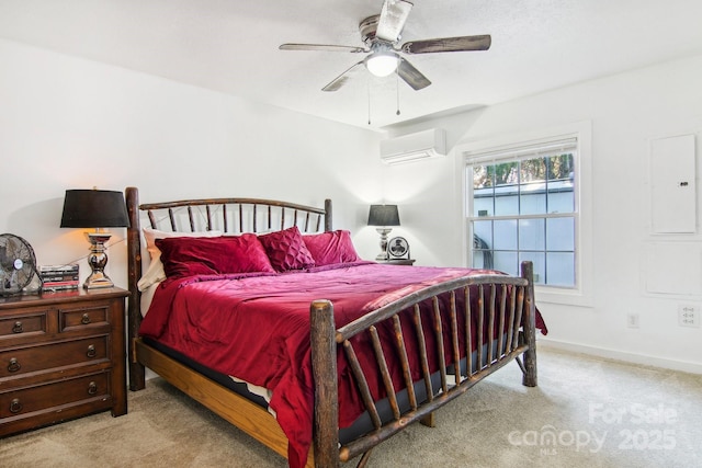 bedroom with ceiling fan, light colored carpet, an AC wall unit, and electric panel