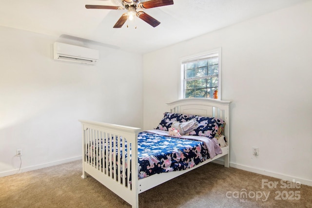 bedroom with carpet flooring, ceiling fan, and a wall unit AC