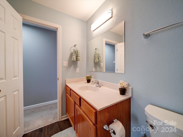 bathroom with vanity, toilet, and wood-type flooring