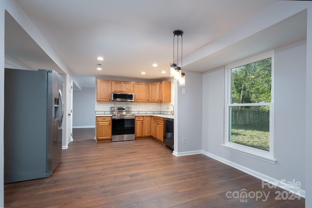 kitchen featuring hanging light fixtures, stainless steel appliances, plenty of natural light, and dark hardwood / wood-style flooring