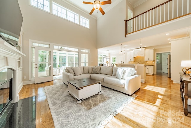 living room featuring a towering ceiling, a wealth of natural light, and light wood-type flooring