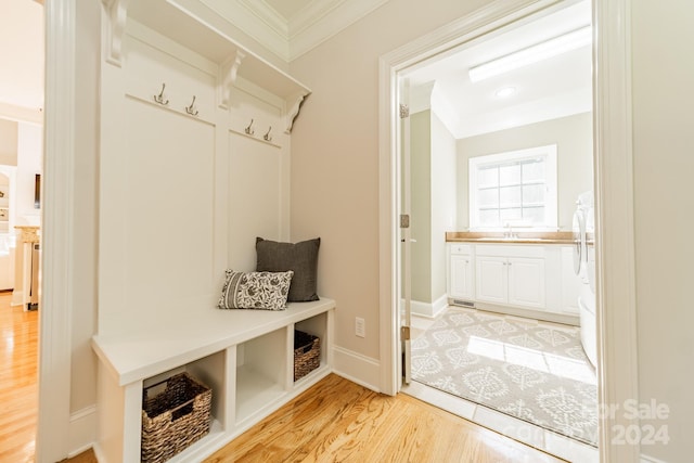 mudroom with light hardwood / wood-style floors and ornamental molding