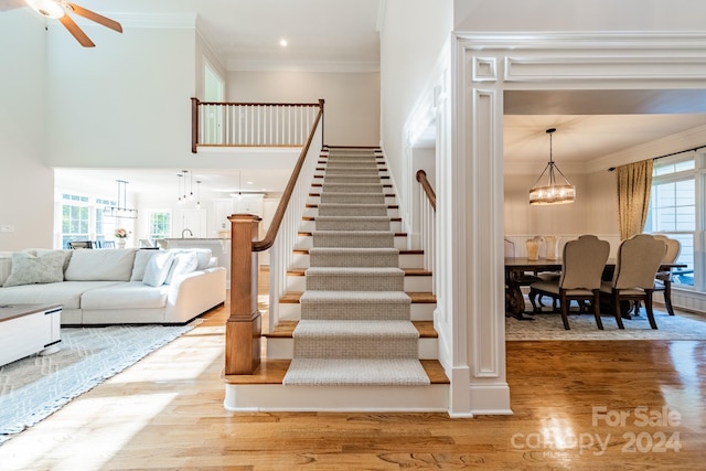 stairs with ornamental molding, a healthy amount of sunlight, and hardwood / wood-style flooring