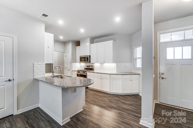 kitchen with white cabinetry, sink, light stone countertops, dark hardwood / wood-style flooring, and appliances with stainless steel finishes