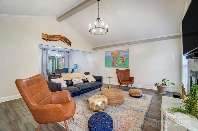 living room featuring an inviting chandelier, dark hardwood / wood-style flooring, crown molding, and beamed ceiling