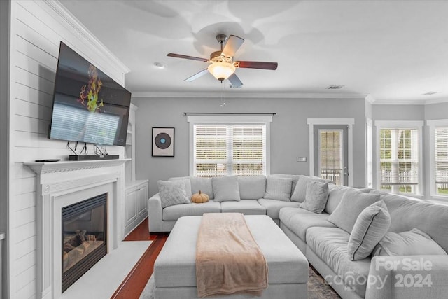 living room with plenty of natural light, ceiling fan, dark hardwood / wood-style flooring, and crown molding