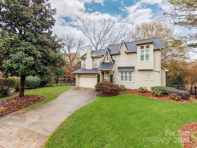 view of front of property featuring driveway, a chimney, a front yard, and fence