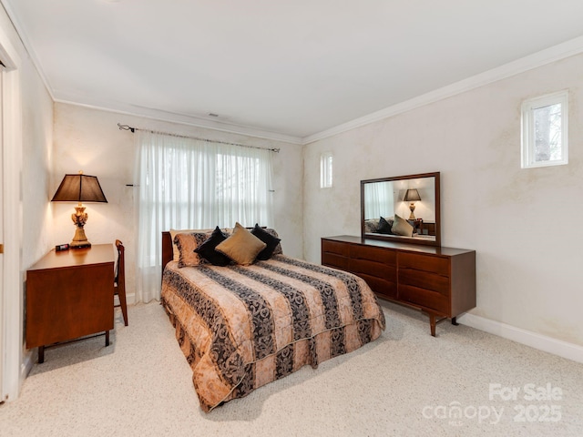 bedroom featuring light carpet, ornamental molding, and baseboards