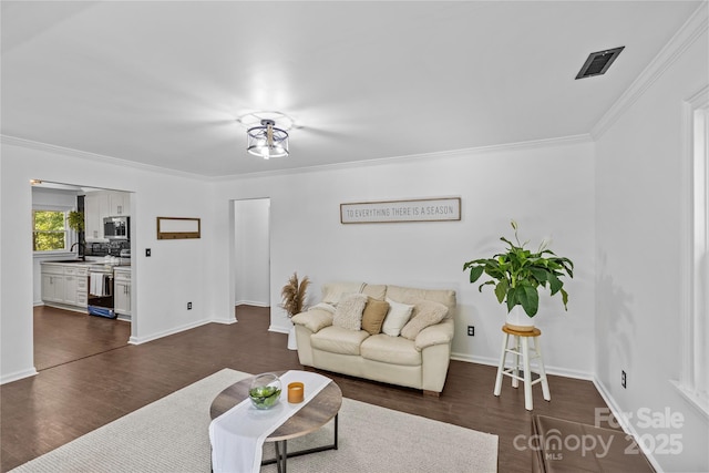 living room featuring dark hardwood / wood-style floors and ornamental molding