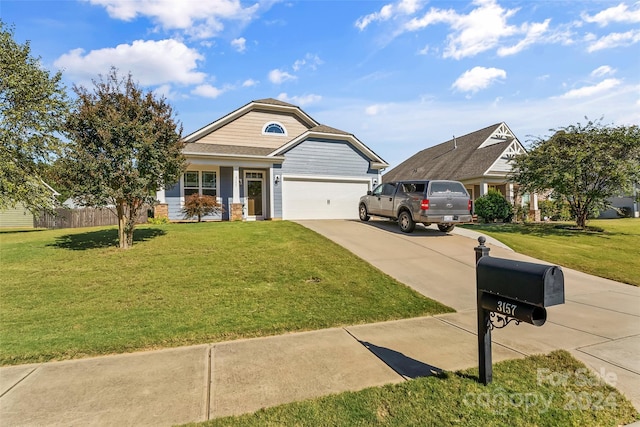 3157 Delaware Dr, Denver, NC 28037 - ranch-style home with driveway, an attached garage, fence, a porch, and a front lawn