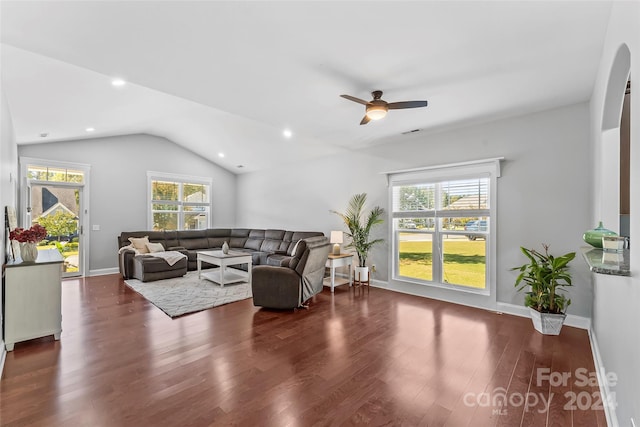 3157 Delaware Dr, Denver, NC 28037 - living room featuring wood finished floors, a healthy amount of sunlight, ceiling fan, and vaulted ceiling