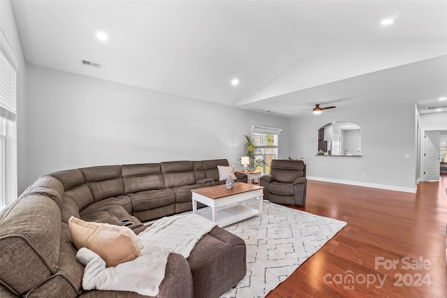 3157 Delaware Dr, Denver, NC 28037 - living area featuring recessed lighting, ceiling fan, lofted ceiling, visible vents, and wood finished floors