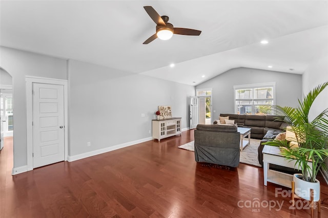3157 Delaware Dr, Denver, NC 28037 - living area featuring recessed lighting, arched walkways, wood finished floors, ceiling fan, and lofted ceiling