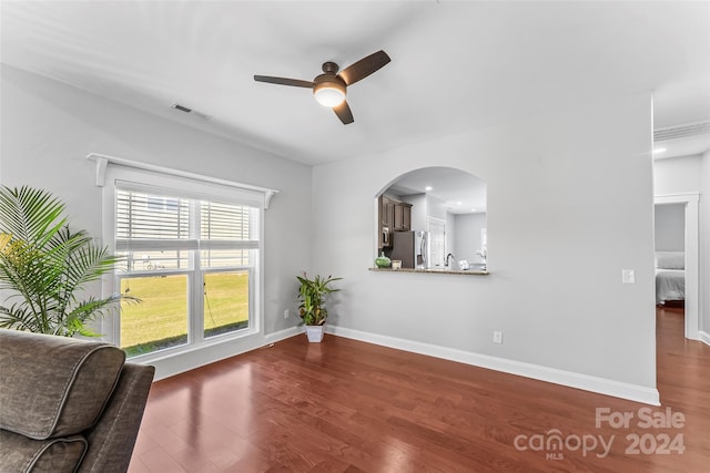 3157 Delaware Dr, Denver, NC 28037 - unfurnished room with ceiling fan, visible vents, dark wood-style floors, and baseboards