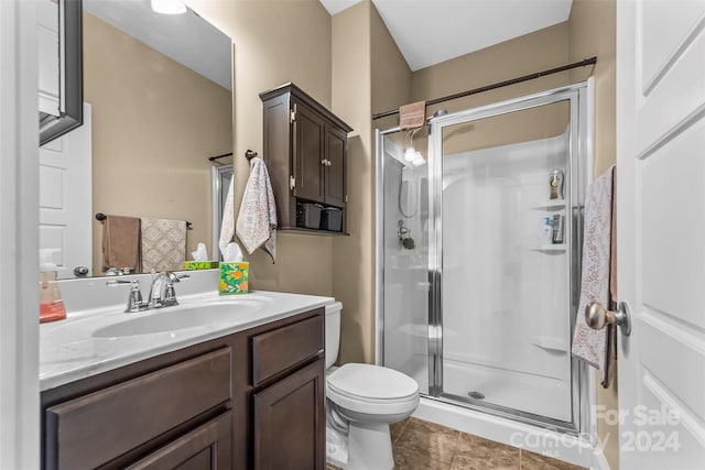 3157 Delaware Dr, Denver, NC 28037 - bathroom with toilet, tile patterned flooring, a shower stall, and vanity
