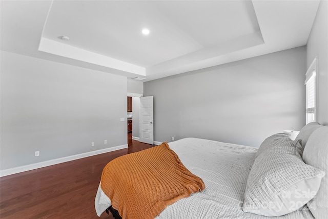 3157 Delaware Dr, Denver, NC 28037 - bedroom featuring dark wood-type flooring, a raised ceiling, recessed lighting, and baseboards