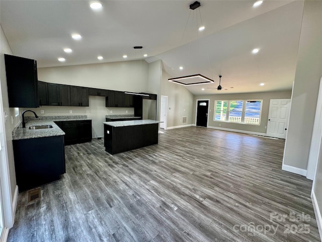 kitchen featuring a center island, decorative light fixtures, open floor plan, a sink, and wood finished floors