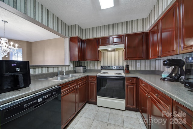 kitchen with dishwasher, a textured ceiling, electric range, and pendant lighting