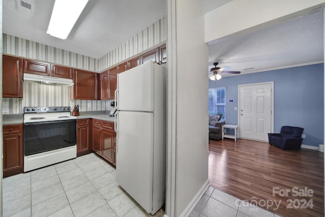 kitchen featuring light hardwood / wood-style floors, crown molding, a textured ceiling, and white appliances