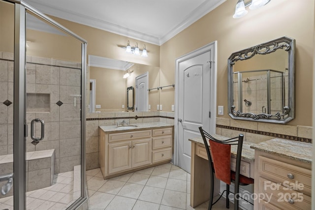 bathroom with a stall shower, crown molding, tile walls, and tile patterned floors