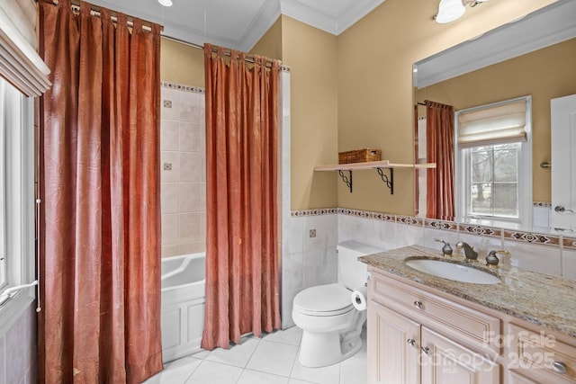 full bathroom featuring shower / tub combo with curtain, tile walls, toilet, ornamental molding, and tile patterned floors