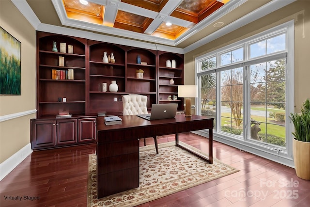 office featuring dark wood-type flooring, coffered ceiling, crown molding, and baseboards