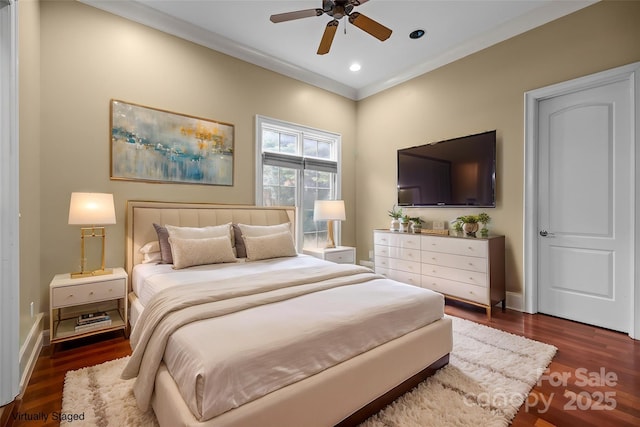 bedroom featuring crown molding, recessed lighting, dark wood-type flooring, a ceiling fan, and baseboards