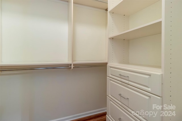 walk in closet with dark hardwood / wood-style flooring