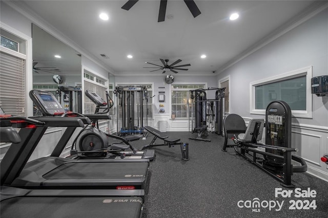 gym featuring ceiling fan and ornamental molding