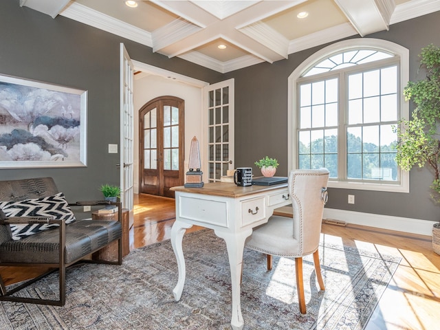 office space with light hardwood / wood-style floors, french doors, beamed ceiling, and crown molding