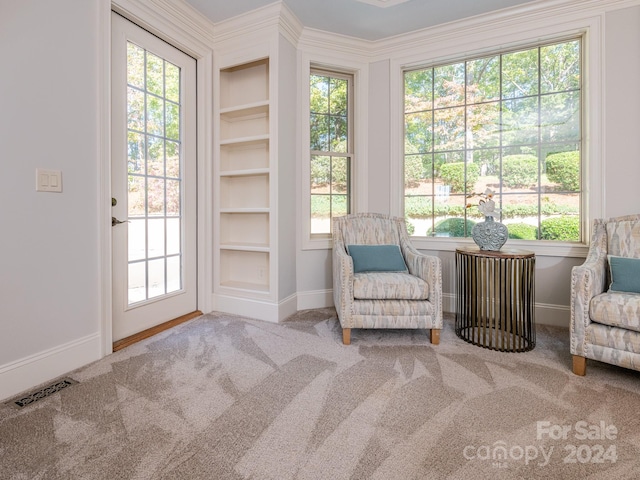 sitting room with ornamental molding, a wealth of natural light, and carpet floors