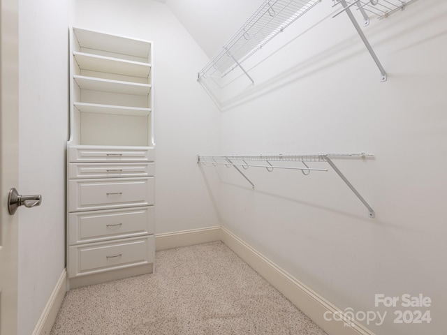 walk in closet featuring vaulted ceiling and light carpet