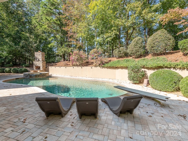 view of swimming pool with a diving board and a patio