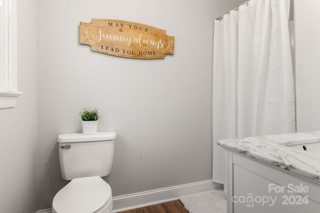 bathroom with vanity, toilet, and hardwood / wood-style flooring