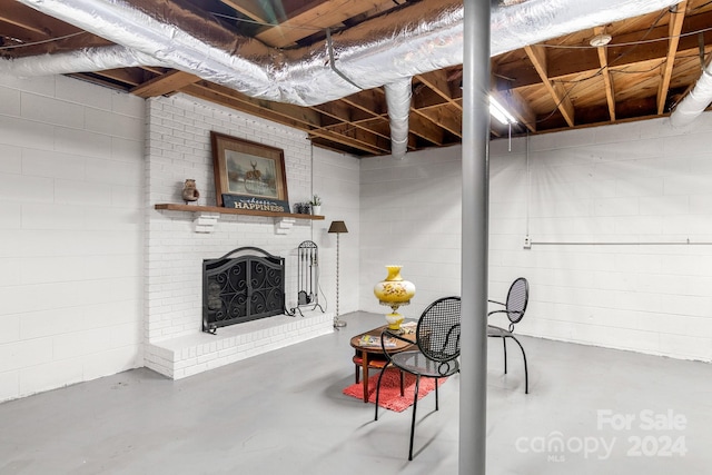 basement featuring a fireplace