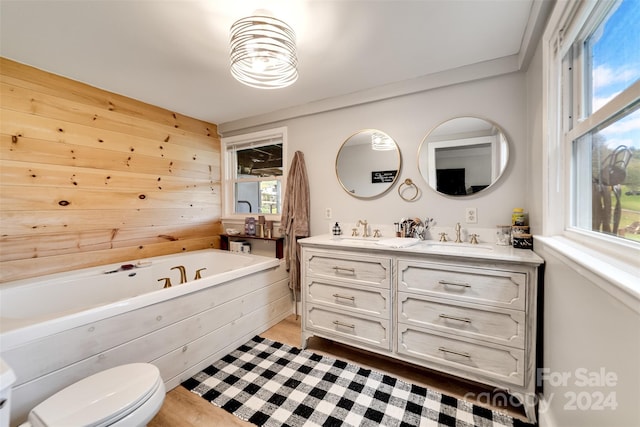 bathroom with vanity, wooden walls, toilet, and a bathing tub