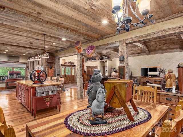 interior space with wood ceiling, lofted ceiling, and light wood-type flooring