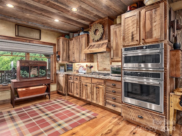 kitchen featuring appliances with stainless steel finishes, light stone countertops, wooden ceiling, and dark hardwood / wood-style flooring