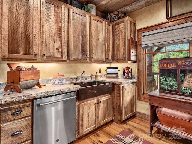 kitchen featuring wood ceiling, light stone countertops, dishwasher, light hardwood / wood-style floors, and sink