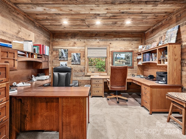 office space featuring wood ceiling, wooden walls, and light colored carpet