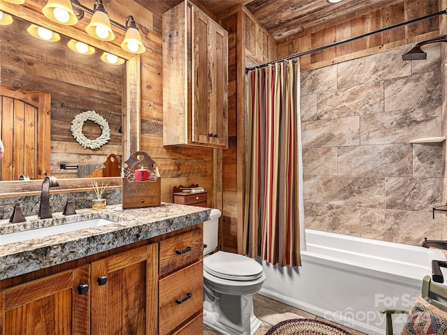 full bathroom featuring vanity, shower / tub combo with curtain, toilet, and wood walls