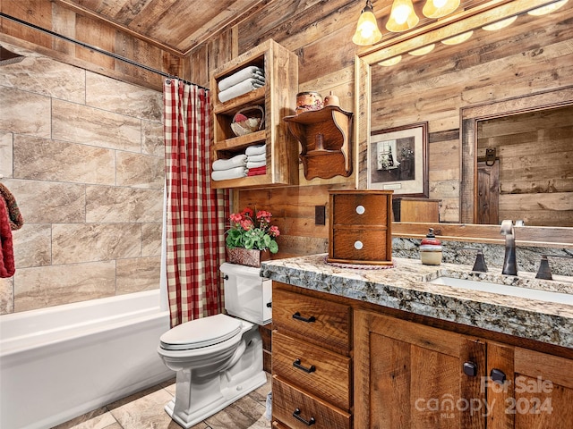 full bathroom with wooden ceiling, toilet, wood walls, vanity, and shower / tub combo with curtain