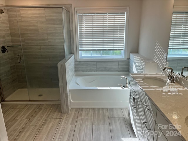 bathroom featuring vanity and independent shower and bath