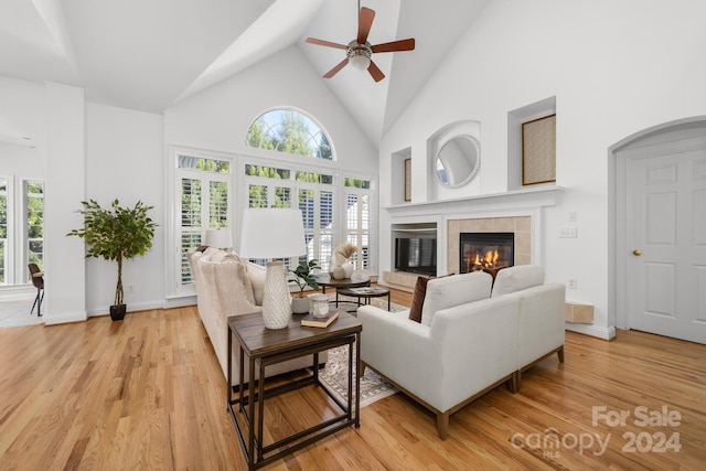 living room featuring a fireplace, light wood-type flooring, high vaulted ceiling, and plenty of natural light