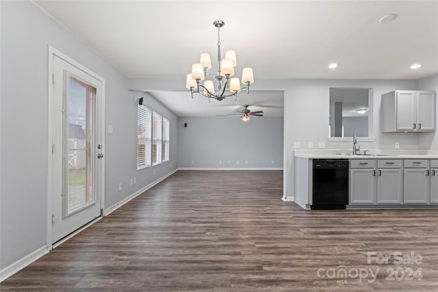 kitchen featuring dark hardwood / wood-style floors, black dishwasher, and hanging light fixtures